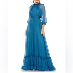 Mac Duggal Blue Ruffled Raglan-sleeve Chiffon Gown